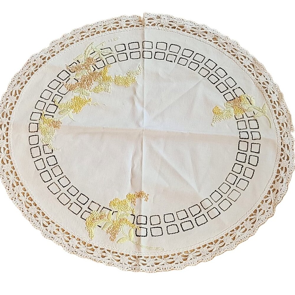 Embroidery and linen tabletop table covering, large doiley round